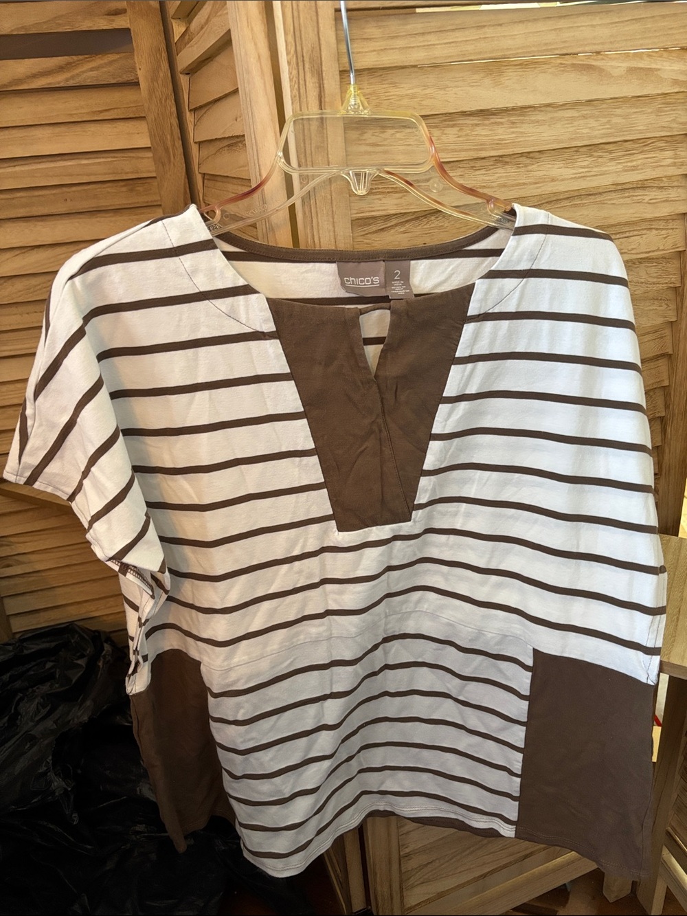 Chico's White Top with Brown Stripes and V-Neck Panel 2 Large